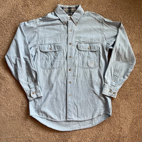 Vtg Wrangler Denim Long Sleeve 2 Pocket Embroidered Logo Western Cowboy Rodeo L - Picture 1 of 6